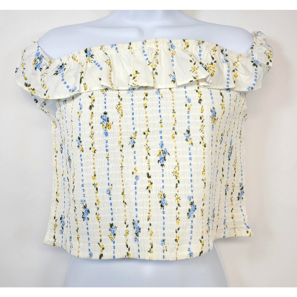 Fairycore Juniors Large White Floral Smocked Off Shoulder Crop Top Whimsical New